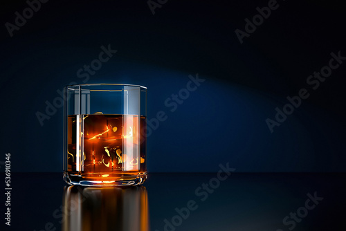 Canvas Print glass of cognac, rum or spice whiskey with ice on dark blue color background poster design with copy space
