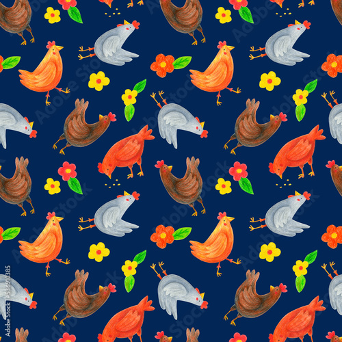 Hens seamless pattern on blue background. Hand drawn with color pencils chicks, flowers, leaves, grass repeat print. Cartoon domestic birds, chickens design.