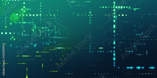 Abstract technology background with rows of blue, yellow and green dots. 3D rendering