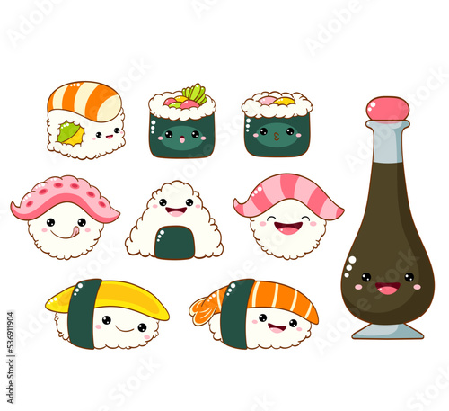 Set of cute sushi and rolls in kawaii style with smiling face and pink cheeks. Japanese traditional cuisine dishes. Temaki, soy sauce, nigiri, tamago, uramaki, futomaki. Vector illustration EPS8  