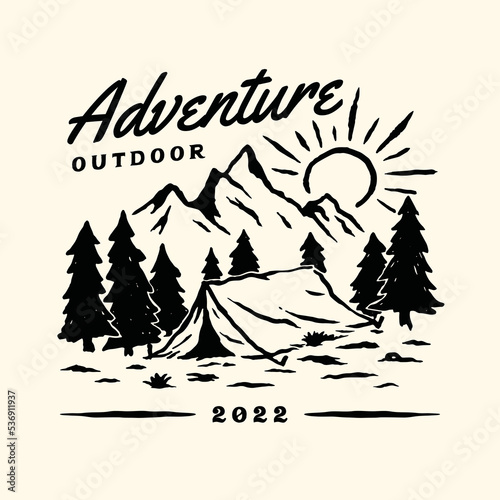 Hand drawn outdoor adventure camp logo