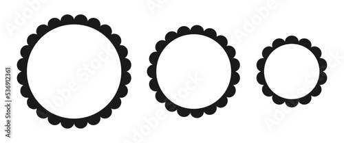 Circle scalloped frame. Scalloped edge round shape. Simple label and sticker form. Flower silhouette lace frame. Repeat cute vintage frill ornament. Vector illustration isolated on white background.