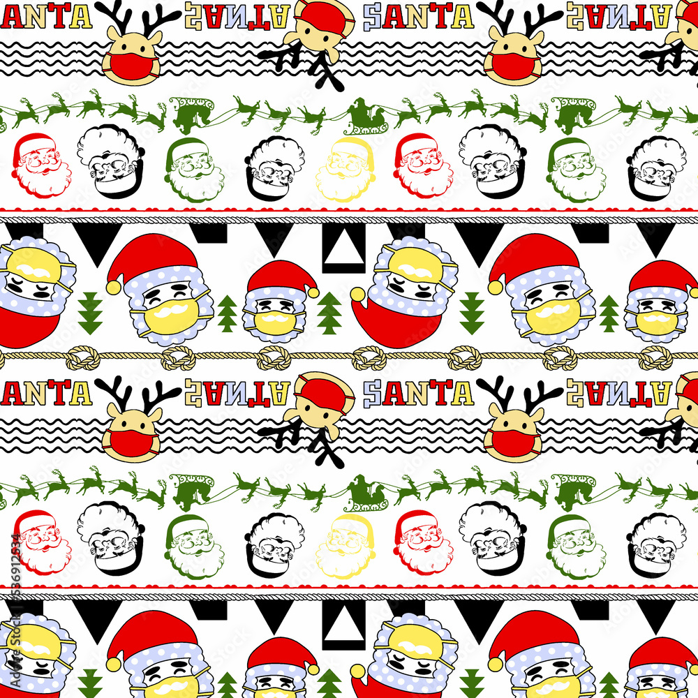 A collection of cartoons of Uncle Santa's deer. Merry Christmas in beautiful stripes. background cartoon hand drawn of , Children's shirts and pants gift wrapping paper