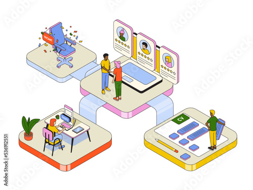 Isometric hiring and recruitment concept for web page, banner, presentation. Job interview, recruitment agency. Vector Illustration