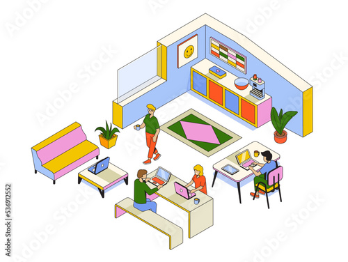 Trendy Isometric coworking center, room for relaxation and discussion, working environment for freelancers. Vector Illustration