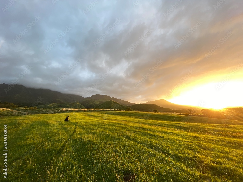 Fototapeta premium 阿蘇, 空, 風景, 草原, 自然, 牧草地, 夕焼け, 広大, 雲, 大自然, 緑, 太陽, 山, いなか, 日の出, ファーム, 木, 国, 青, 美しい, 地平線, 小麦
