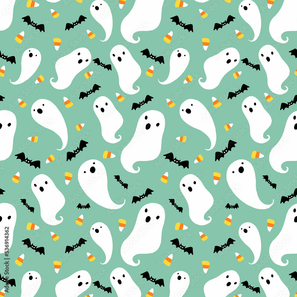 A cute little ghost cartoon with a bat next to it.background hand drawn 