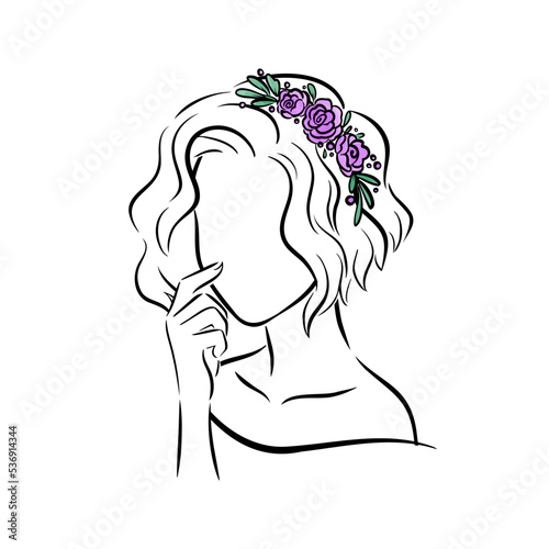 Stylized minimalist illustration of female character with flower wreath in short hair. Isolated outline vector portrait drawing for logo, advert, or print. Beauty treatment, hair salon concept.