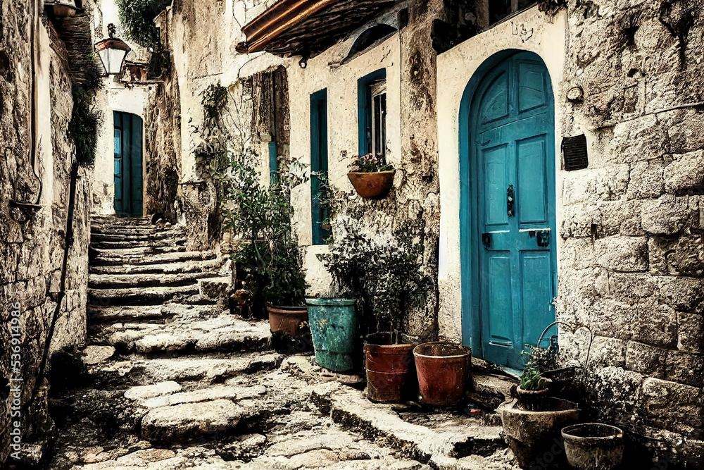 Enchanting old quarter of beautiful old European town with stone houses along narrow steps in a tranquil corner, artistic illustration