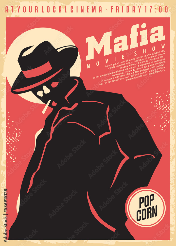 Cinema poster for mafia movies. Film festival vector illustration with mafia member silhouette. - obrazy, fototapety, plakaty 