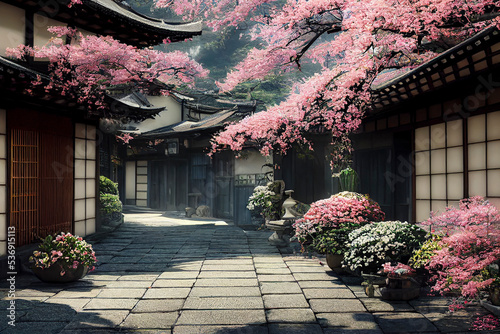 Old wooden houses on a street of Sanmachi Suji historic district in Takayama, Japan, with flower pots and cherry blossom trees, artistic illustration
