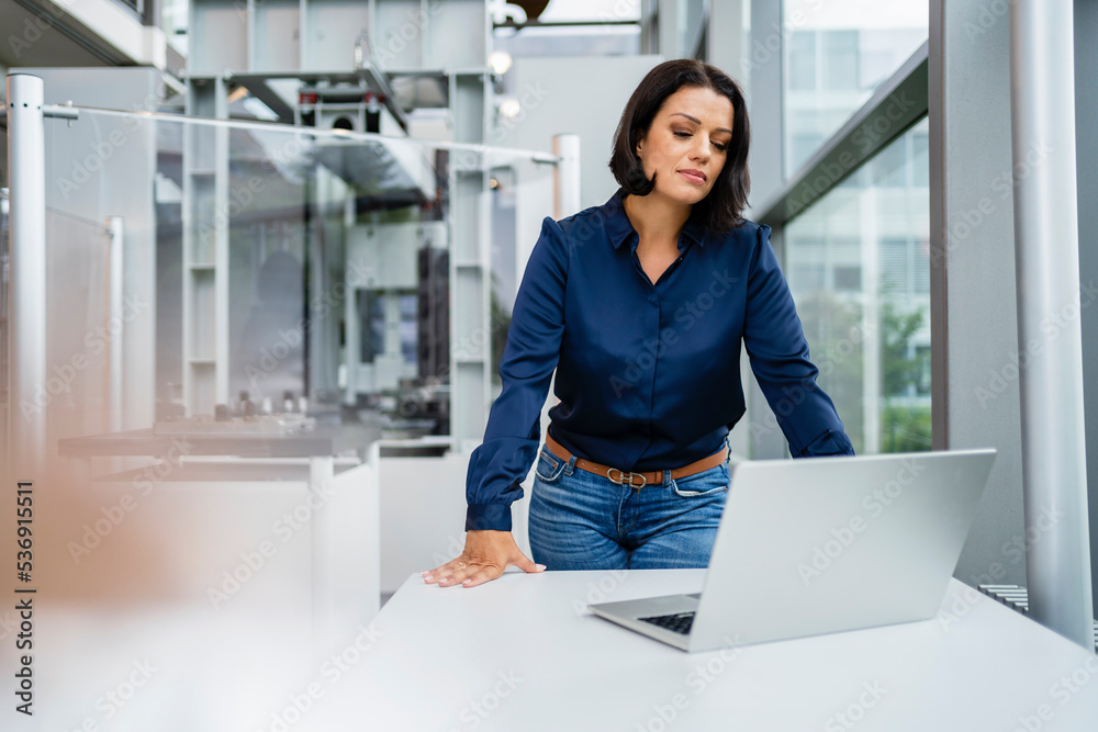 Mature businesswoman looking at laptop in industry Mature businesswoman looking at laptop in industry