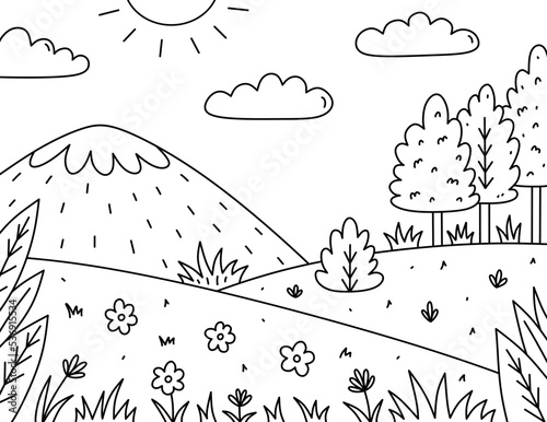 Cute kids coloring page. Landscape with sun, clouds, mountains, field, trees, bushes and flowers. Vector hand-drawn illustration in doodle style. Cartoon coloring book for children.