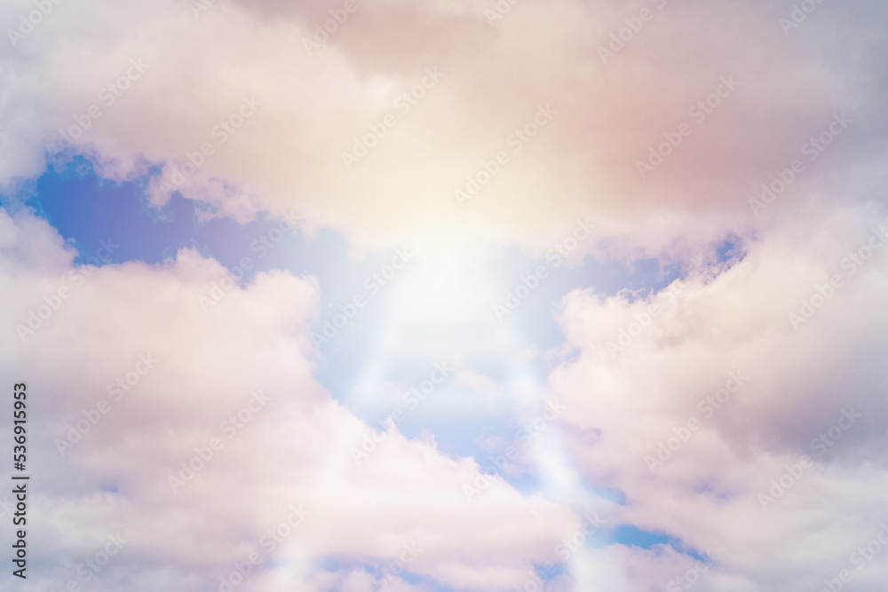 Obraz premium Beautiful religious background.Sunset or sunrise with clouds,blurred stairs to heaven,bright light from heaven,stairway leading up to skies clouds.Light from sky.Religion concept.Blurred soft focus.