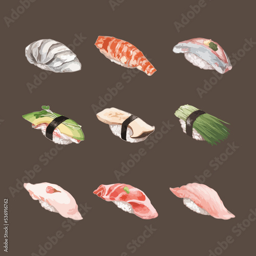 Set of Watercolor Sushi Vector Illustration
