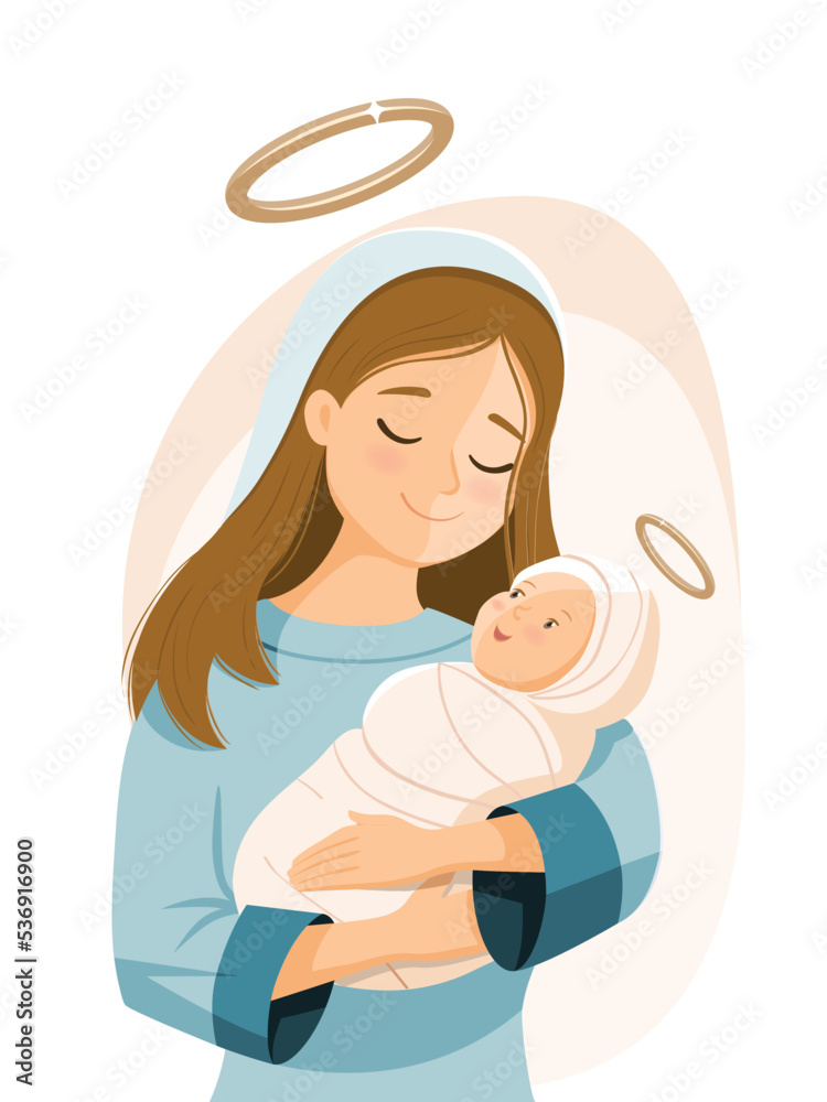 Virgin Mary holding newborn Jesus Christmas scene Virgin Mary holding newborn Jesus Christmas scene
