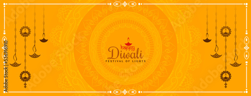 Happy Diwali festival yellow banner with hanging lamps design