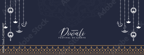 Beautiful Happy Diwali festival greeting banner with hanging lamps design