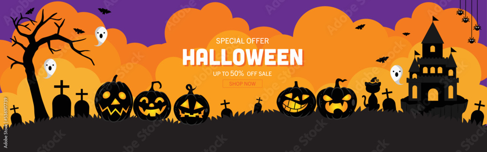 Halloween Sale Promotion Poster or banner with spooky flying ghosts, spiders,bats and scary pumpkins