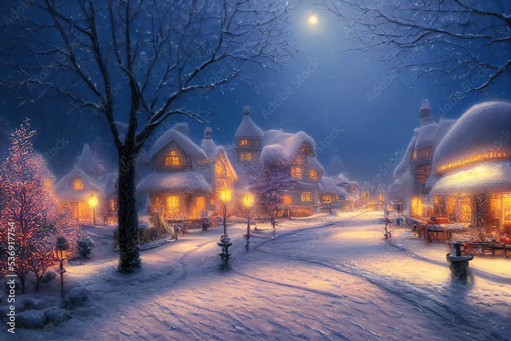 A 3D rendering of a snowy winter village made to look like a digital oil painting. Blizzard snow on a small village for an idyllic winter scene A 3D rendering of a snowy winter village made to look like a digital oil painting. Blizzard snow on a small village for an idyllic winter scene