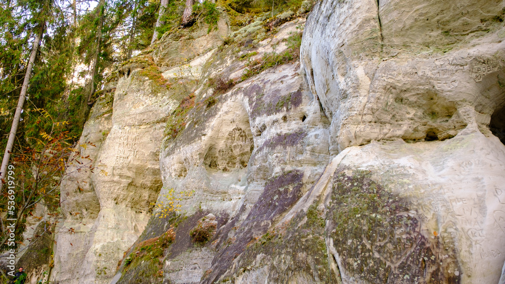 The large sandstone cliffs of Sietiniezis on the banks of the Gauja River in Latvia. tourist nature trail for hiking with wooden stairs. Gauja National Park in the vicinity of Valmiera, Autumn, The large sandstone cliffs of Sietiniezis on the banks of the Gauja River in Latvia. tourist nature trail for hiking with wooden stairs. Gauja National Park in the vicinity of Valmiera, Autumn,