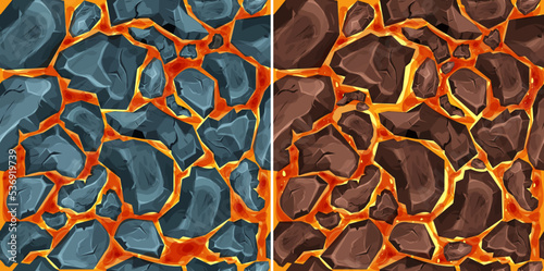 Lava, magma with stones in cartoon style seamless pattern background. Eruption effect, landscape. Texture, design