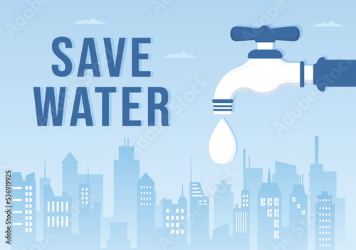 Water Saving Templates Hand Drawn Flat Cartoon Illustration for Mineral Savings Campaign with Faucet and Earth Concept