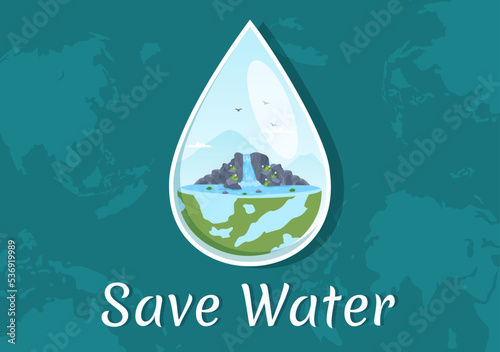 Water Saving Templates Hand Drawn Flat Cartoon Illustration for Mineral Savings Campaign with Faucet and Earth Concept
