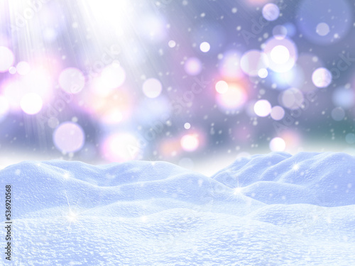 3D Christmas snow on a bokeh lights background