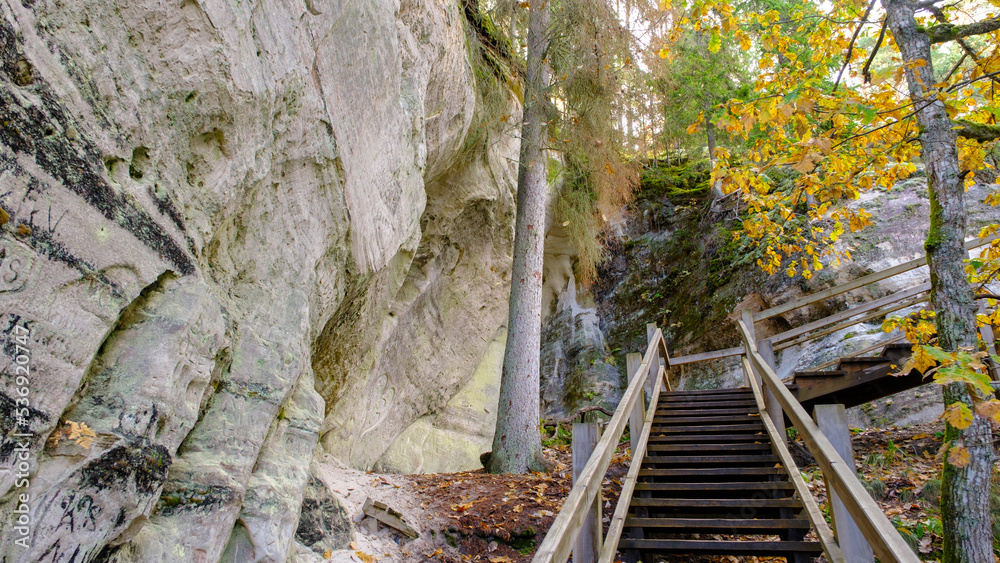 The large sandstone cliffs of Sietiniezis on the banks of the Gauja River in Latvia. tourist nature trail for hiking with wooden stairs. Gauja National Park in the vicinity of Valmiera, Autumn,  - obrazy, fototapety, plakaty 