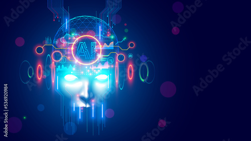 AI with scary face on halloween. Head skull of robot with lighting eyes. Bad Artificial Intelligence in image cyborg look at eyes. Tech halloween party banner. Evil computer