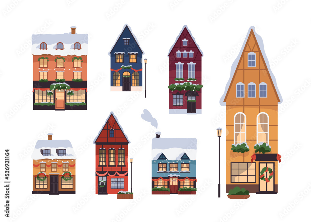European house buildings with Christmas decoration on facades. Old city homes with snow on roof, decorated for Xmas, winter holiday. Flat graphic vector illustrations isolated on white background