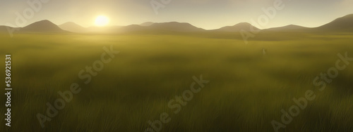 Green meadow landscape with blue flowers on a sunny day. Morning Sunrise on Beautiful Meadow. Green Landscape. Green Scenery
