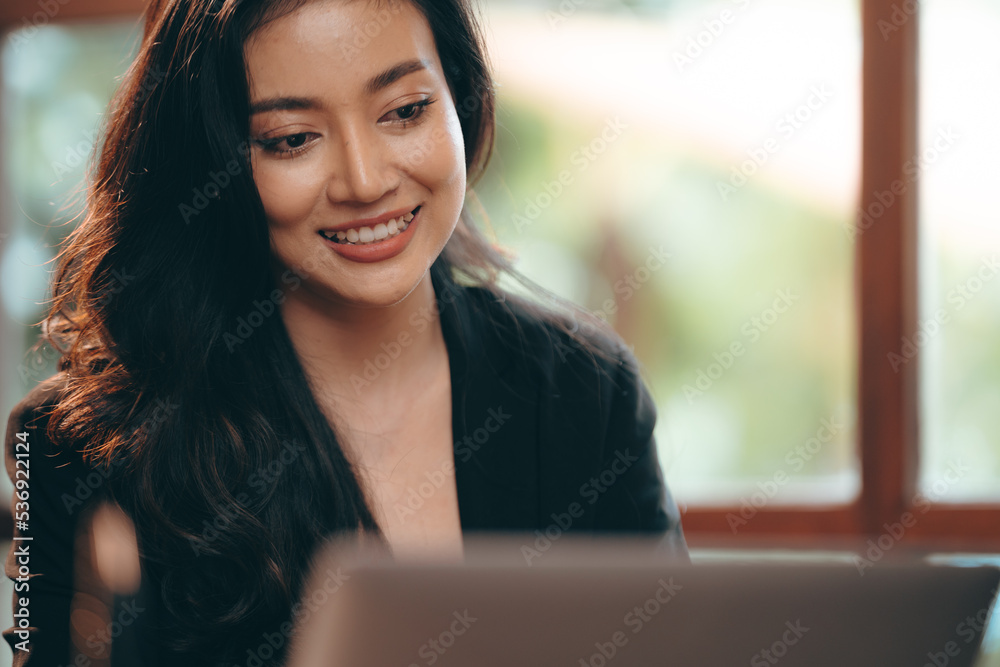 business female person interview work on cyberspace communication with video camera and laptop, happy smile businesswoman person call to online conference web from home office by webcam technology