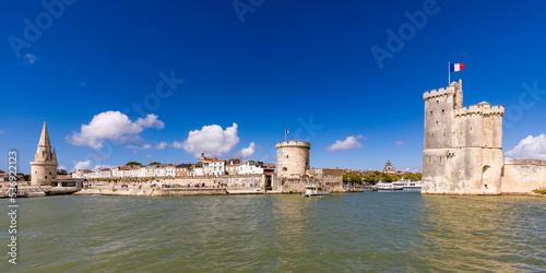 France, Nouvelle-Aquitaine, La Rochelle, Lantern Tower, Chain Tower and Saint Nicolas Tower in old medieval harbor