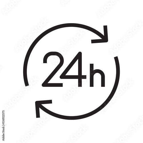 Twenty four hour with arrow loop icon, 24 hours cyclic sign, Opened order execution or delivery, All day business and service, Vector design illustration