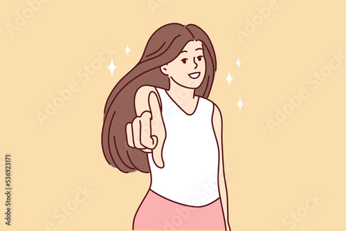 Smiling woman look at camera making hand gesture. Happy female point at screen make choice or decision. Vector illustration. 