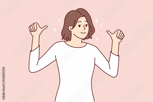 Happy young woman show thumbs up pointing at her. Smiling female feel confident and successful recommend candidature. Vector illustration. 