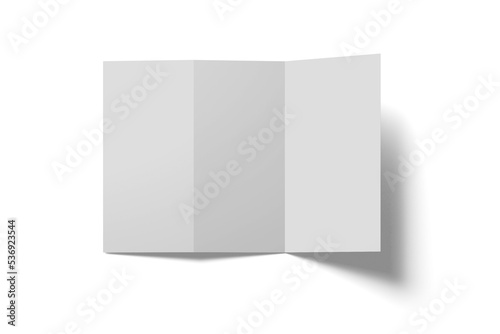 Empty blank trifold brochure open and closed mockup isolated on white background. Advertising leaflet or flyer, menu mockup, catalog, wine card template. 3d rendering.