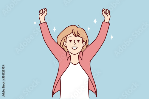 Smiling woman raise hands celebrate success or promotion. Happy female feel euphoric with win or victory. Vector illustration. 