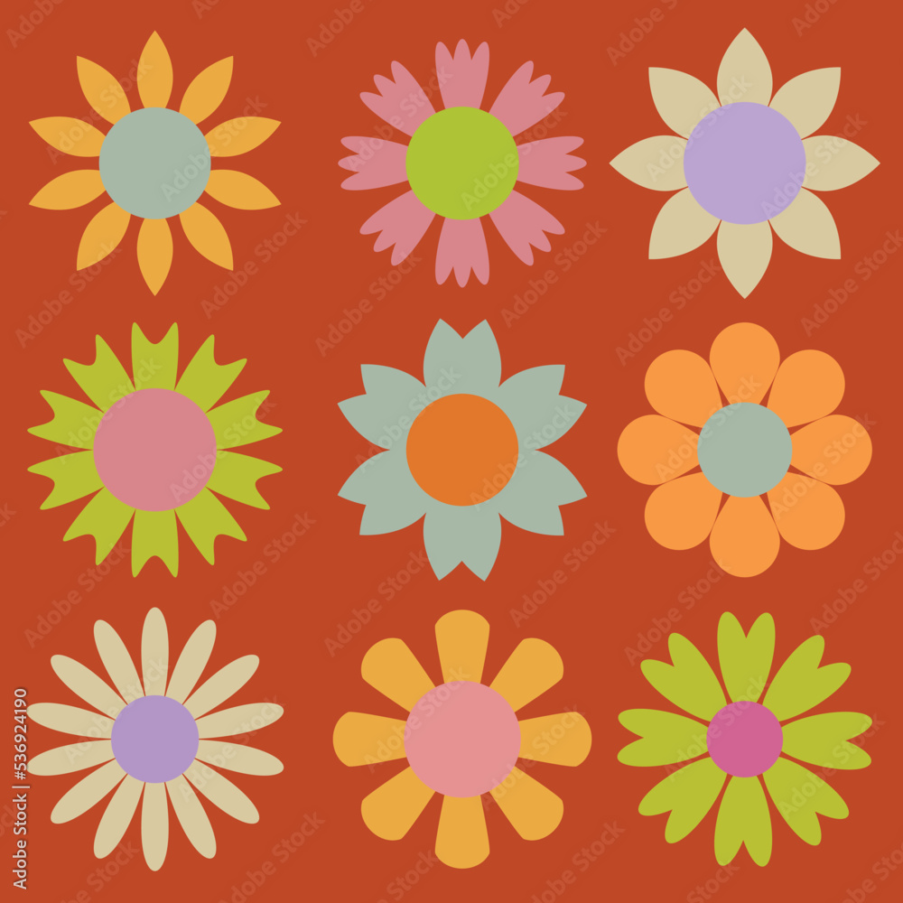 Flowers set in 70s colors style Flowers set in 70s colors style
