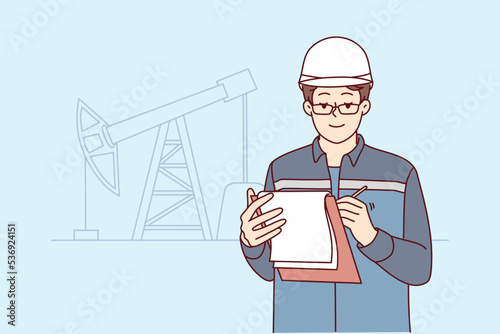 Male engineer in uniform and helmet take notes at construction site. Man worker write in journal working at building area. Engineering concept. Vector illustration. 