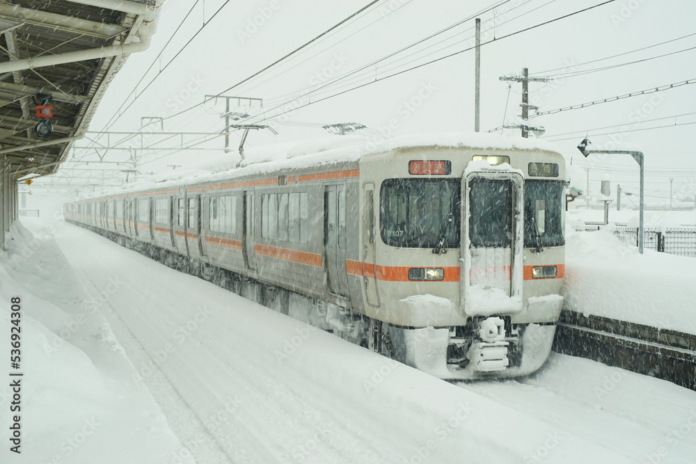 Obraz premium 大雪の近江長岡駅に停車するJR東海313系普通列車