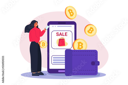 Man putting golden crypto coin into purse on laptop computer. Concept of personal Bitcoin wallet for cryptocurrency storing, digital currency balance. Modern flat vector illustration for banner.