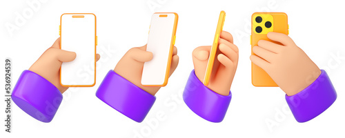 3d cartoon human hands holding smartphone set. Using mobile phone concept. Realistic 3d high quality render isolated on white background