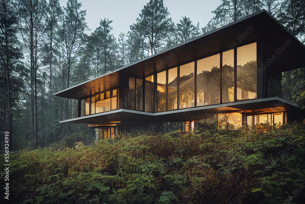 3D Rendering, Modernes Luxus Haus aus Glas im Wald 3D Rendering, Modernes Luxus Haus aus Glas im Wald