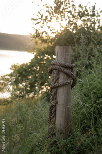  pole upholstered with a rope in the forest on the shore of the lake