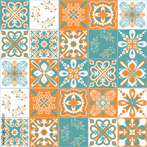 Azulejo talavera portuguese ceramic tile traditional floral pattern, green mint orange retro background, vector illustration