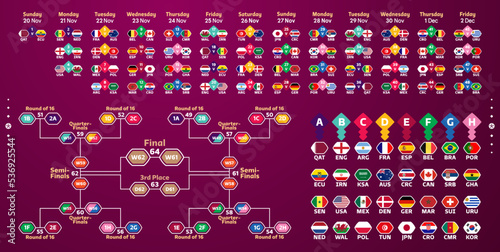 Vector schedule of matches of the World Football Championship 2022 with a sequence of games. The grid of the playoff draw and icons with flags of the participants of the games