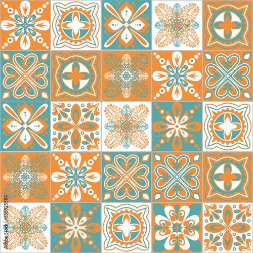 Azulejo talavera portuguese ceramic tile traditional floral pattern, green orange retro background, vector illustration